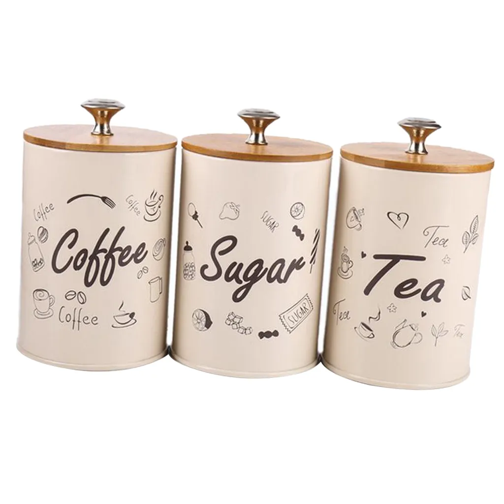 3pcs/set Kitchen Storage Jars ,Sugar/Coffee/Tea Canisters , Metal Iron 1L