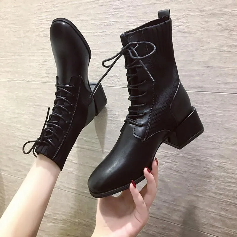 Boots Women's Rubber Shoes Boots-Women Lace Up Luxury Designer Rain Autumn Ladies 2021 Ankle Rock Med Fashion Square Toe Short P