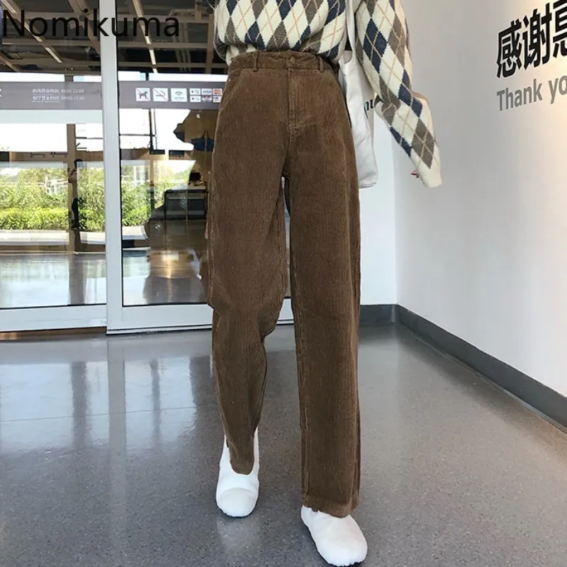 Nomikuma Corduroy 넓은 다리 바지 한국어 솔리드 하이 허리 긴 바지 인과 원인 가을 새로운 여성 바지 Pantalones 6C059 210427