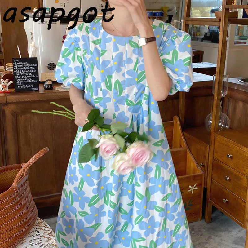 Chic Summer O Cou Lâche Robe Florale Plissée Femmes Puff Manches Courtes Sweet Robes Mujer Mode Doux Maxi Vêtements Filles 210610