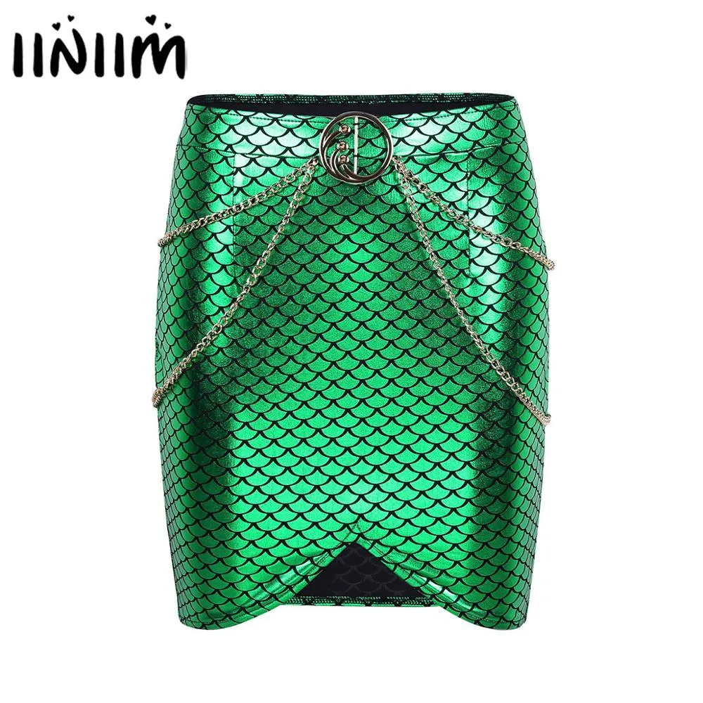 Womens Shiny Fashion Mini Rokken Vis Schaal Bodycon Mermaid Rok Taille Ketting MiniKirt Dames Bar Cocktail Parties Clubwear X0428