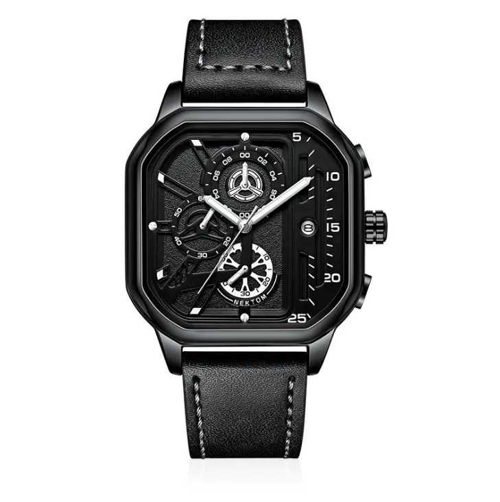 Cool Black NEKTOM Merk Hollow Out Heren Horloges Nauwkeurige Quartz Horloge Lederen Band Lichtgevende Vierkante Wijzerplaat Wristwatches264j