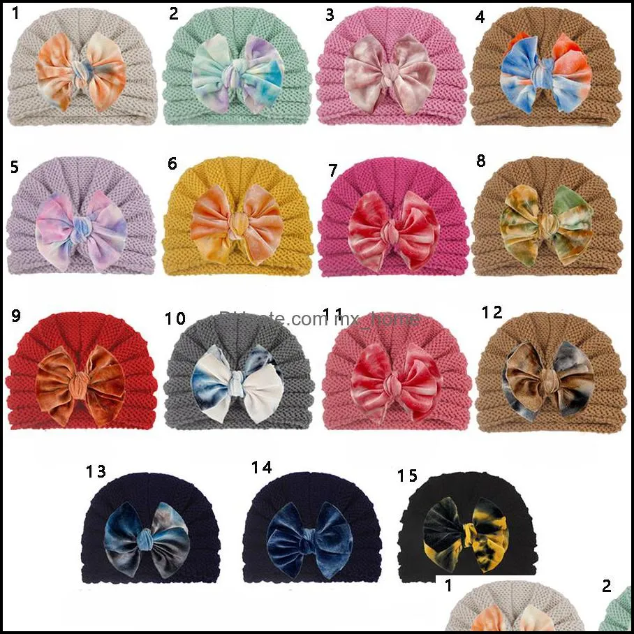 Infant Baby Hat Tie dye velvet Bow Headwear Children Toddler Kids Indian Caps Turban Soft Comfortable Autumn Winter Knitted wool Hats 15 Colors