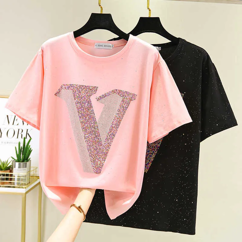 Camiseta feminina de algodão manga curta brilhante diamante verão tops moda mulher roupas camiseta