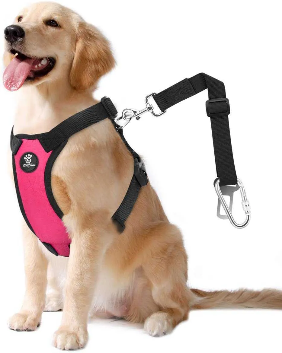 Arnês do colete da segurança do veículo do cão, ajustável ajustável da trela do cinto do cinto de carro da malha acolchoada com alça e carabiner do curso para o carro 211006