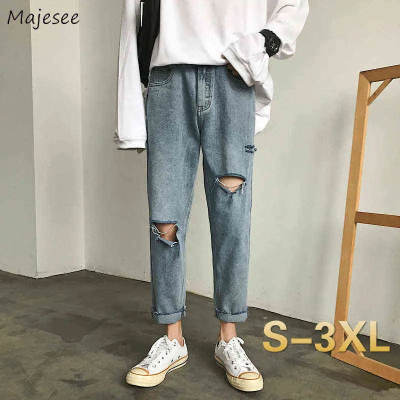 Män Jeans Hole Ripped Denim Trousers Snygg Street-Wear Baggy Straight Trendy Korean-Style All-Match Fritid Mens Ankellängd G0104