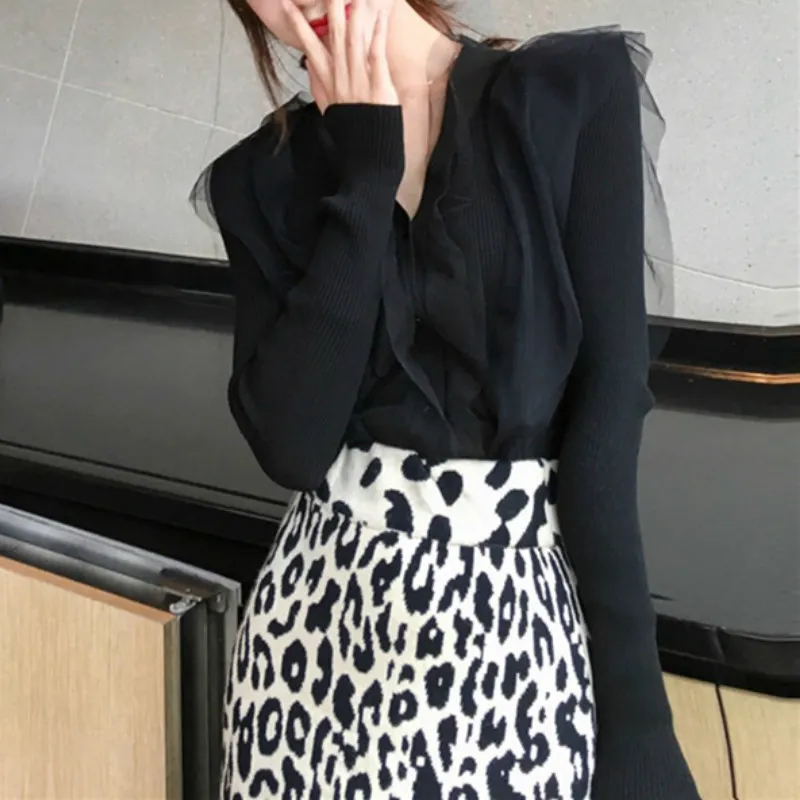 Nomikuma Gaze Patchwork Tricoté Cardigan Femmes V Cou À Manches Longues Automne Coréen Chic Pull Noir Femme Ropa Mujer 3d658 210514