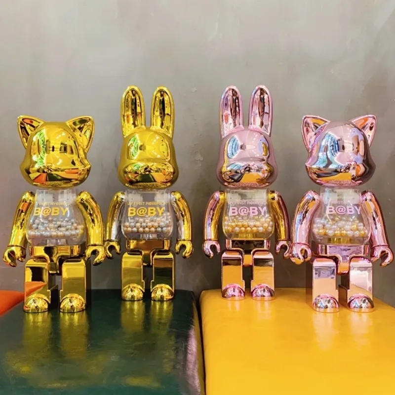 Ny våldsam byggsten bearbrick katt och kanin qianqiu 400% rosa guld tvåfärg smycken handgjorda blindlåda gåva 28cm