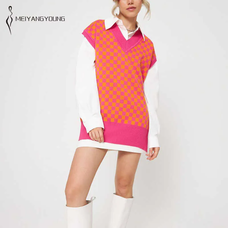 Meiyangyoung checkerboard plaid vintage tröja väst kvinnor oversize stickad topp höst vinter v nacke ärmlös pullover kvinnlig 211008