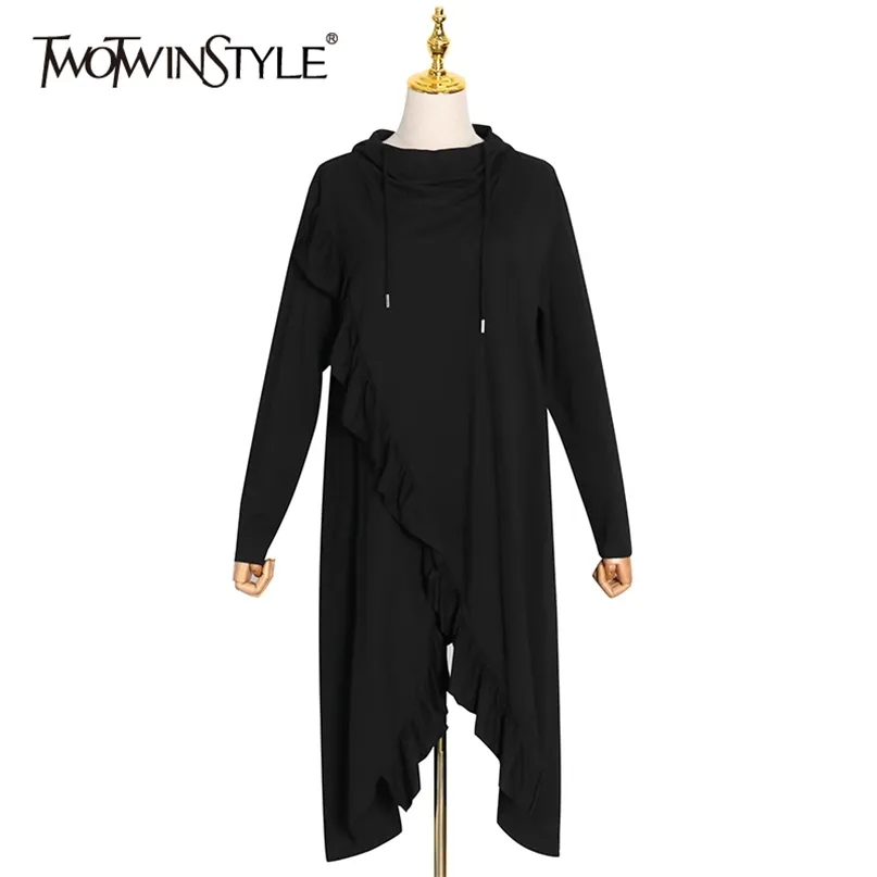 Sweat-shirt à volants en vrac pour femmes col à capuche à manches longues irrégulière décontracté noir mode féminine 210520