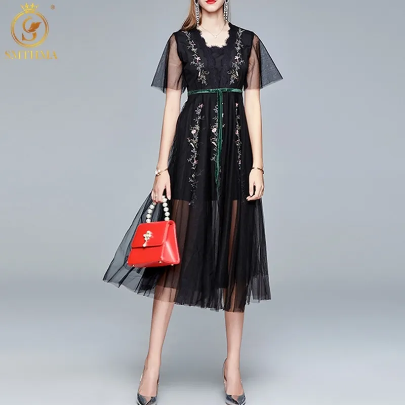 Summer Party Dress Black Mesh Embroidery Long Women Short Sleeve Vintage Elegant Bow Vestidos 210520