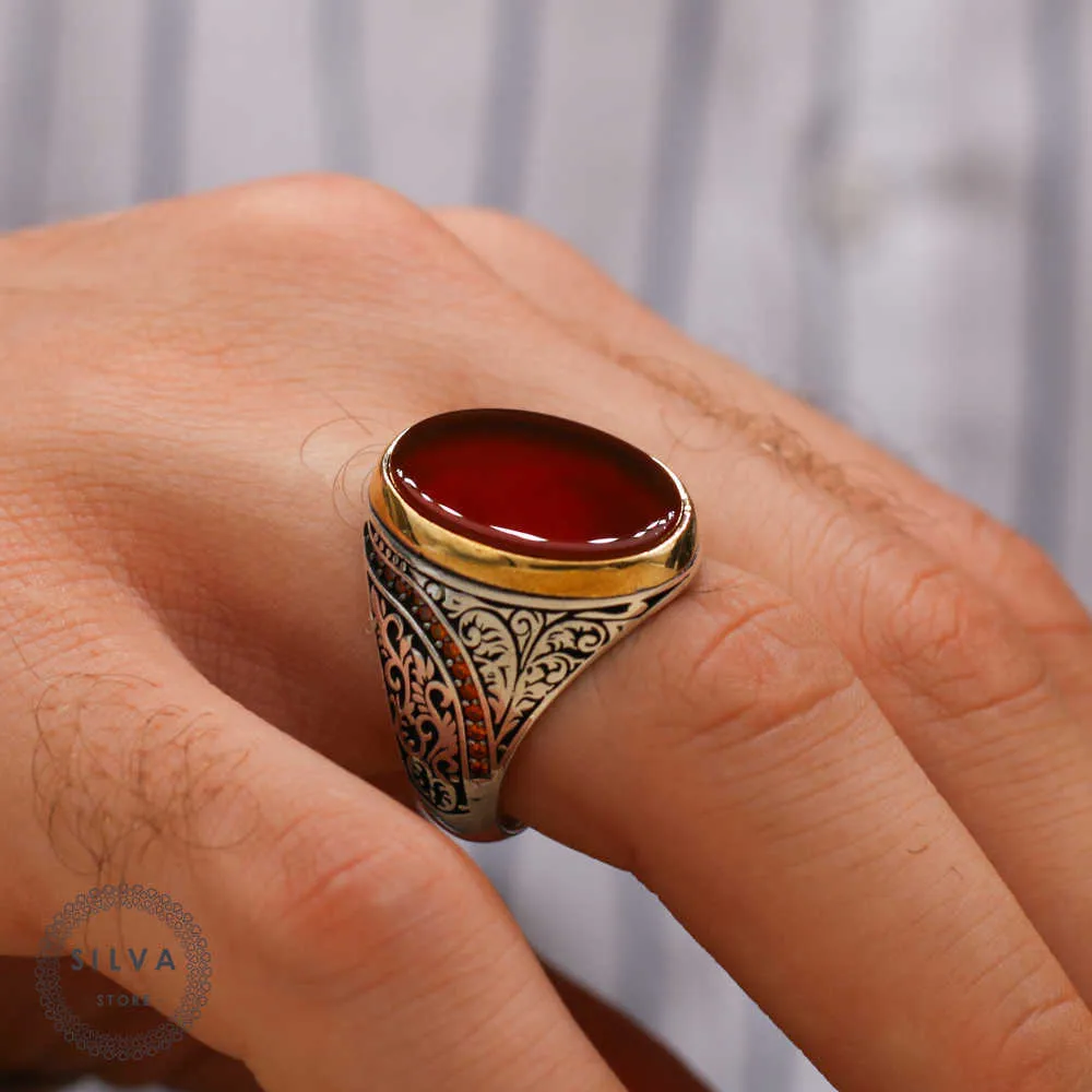 Agate Aqeeq 925 silver men's ring. Men's jewelry stamped with silver stamp 925 All sizes are available 210623