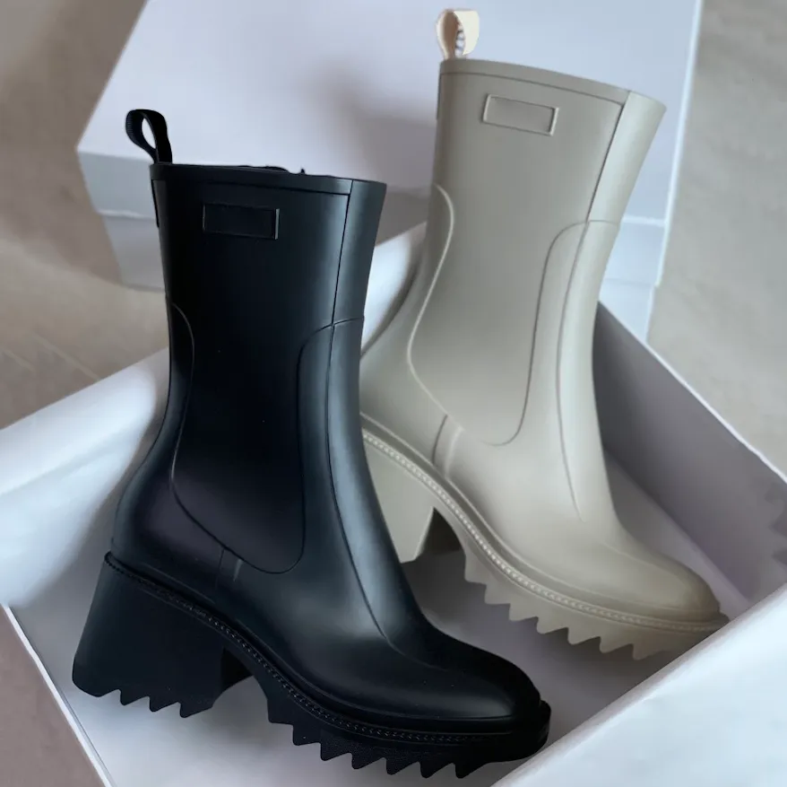 Rain Boot Women Betty Tjock Bottom Non-Slip Booties PVC Rubber Beeled Tall Knee High Platform Boots Black Waterproof Welly Shoes