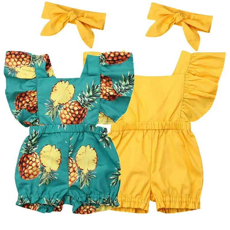 Nyfödd baby flicka kläder flyga ärm ruffle romper jumpsuit huvudband 2pcs outfits set 48 y2