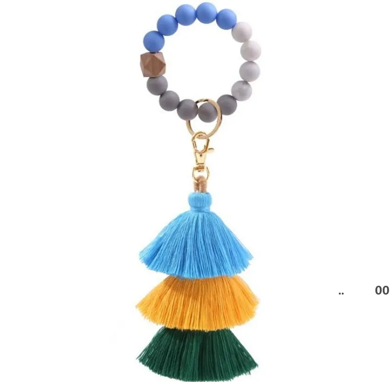 Beaded Keychain Party Favor Läder Tassel Träpärla Key-Chain Beads Tring Key Ring Chain Silicone Women Wrist Rem Bracelet RRE10735