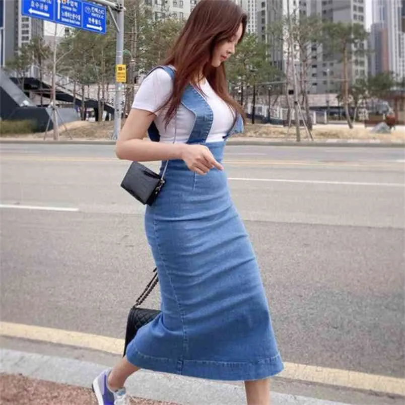 summer Women Denim Midi Dress Sundress Casual es Bodycon Spaghetti Strap Jeans Female 210519