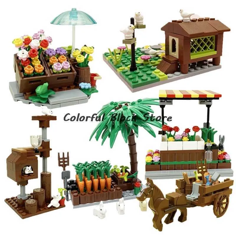 Street View Building Block Akcesoria Kwiat Sklep Kraj Farm Zwierząt Drób Warzywa Ogród Ogród Bird House Kot Moc Toy Kid Prezent Q0823