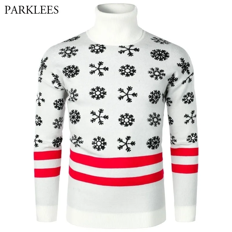 Pull de Noël blanc laid mode masculine motif de flocon de neige col roulé Noël hommes pulls tricotés pull Noel Homme 210522