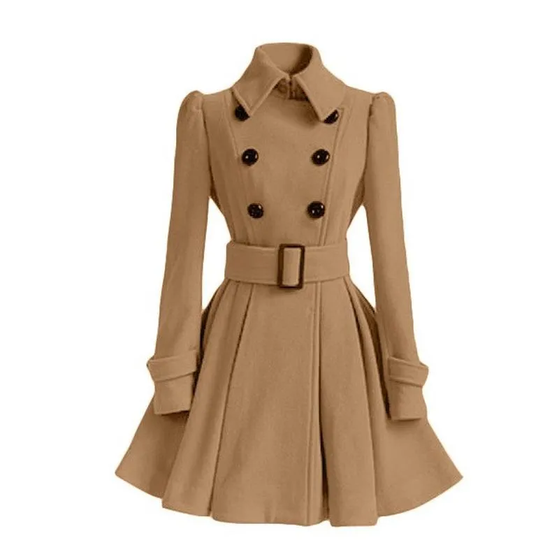 Kvinnors Trench Coats Höst Vinter Vintage Kvinna Ull Coat Classic Lång med Bälte Office Lady Casual Business Outwear