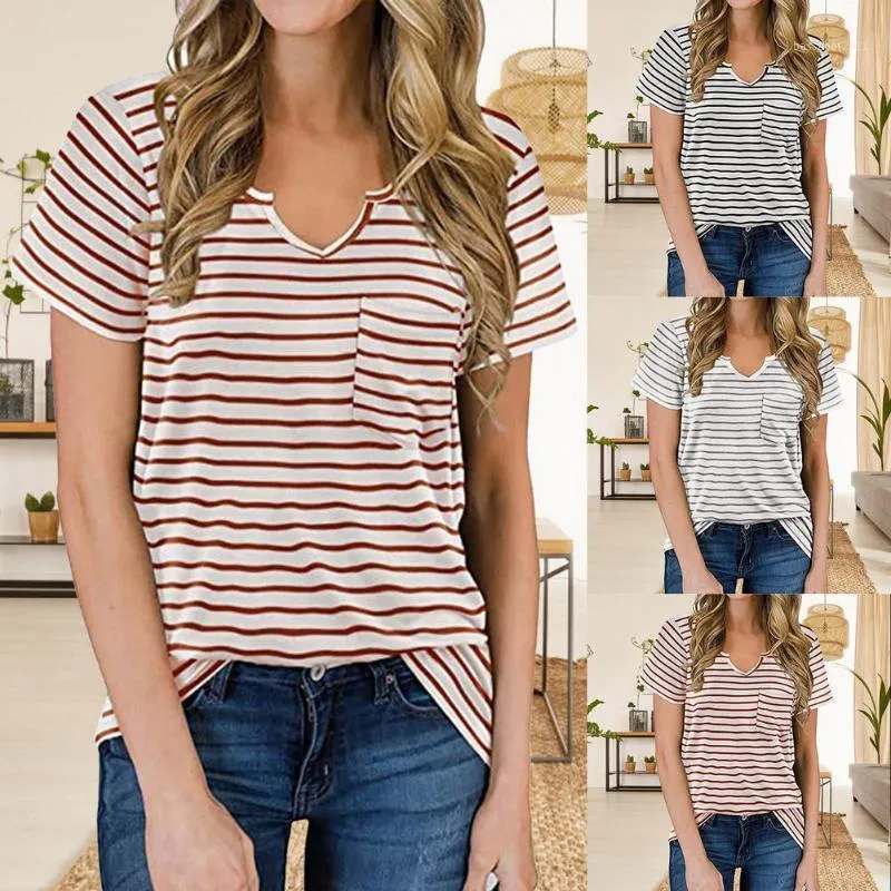 Kvinnors T-shirt Damtryckt skjorta Striped V-Neck Kvinnor Top Casual Pendling Full Bomull Söt Basic Toppar Kortärmad Plus Storlek