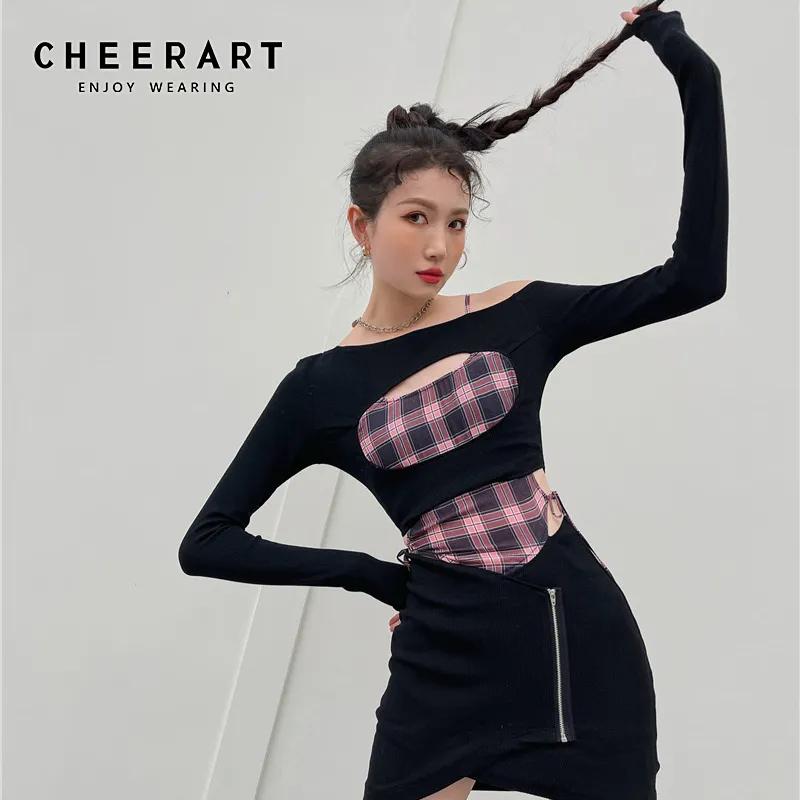 Off Shoulder Cut Out Dress Women Black Patchwork Bodycon Long Sleeve Mini Ladies Short Designer Clothes 210427