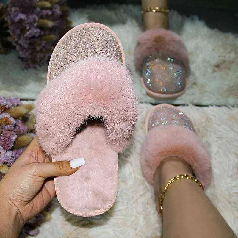 Vrouw thuis pluche bont slippers vrouwen kristal slippers herfst winter warme schoenen vrouwelijke schoenen indoor casual schoeisel groot formaat 43 W220218