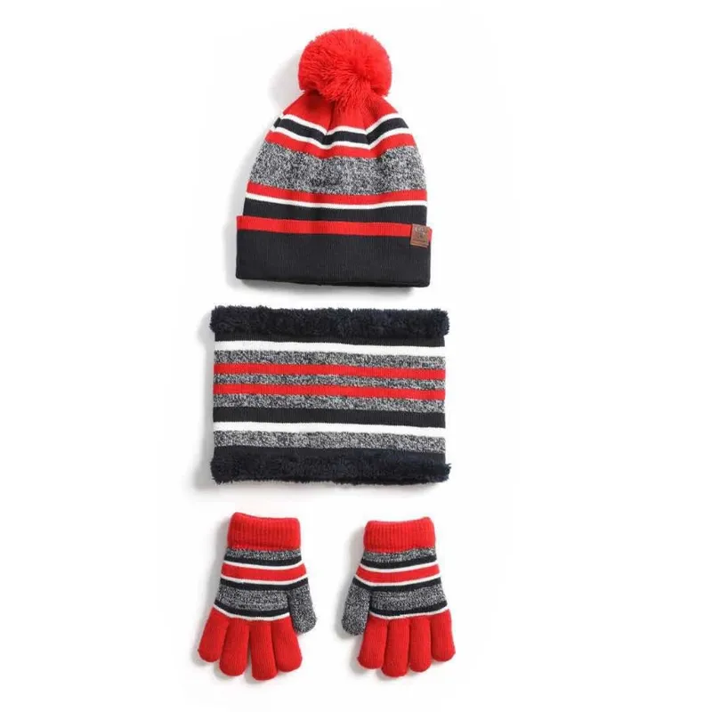 Kids Winter Knit 3Pcs Beanie Hat Scarf Gloves Set Contrast Color Striped Thick Plush Lined Pompom Skull Cap Neck Warmer