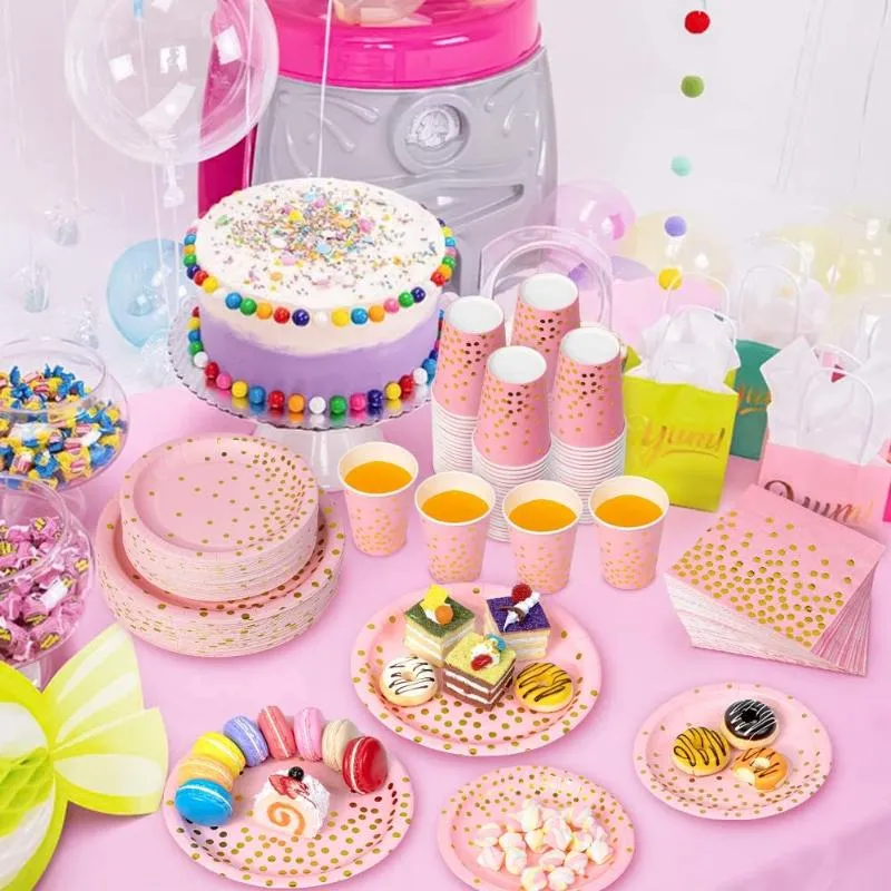 Одноразовая посуда годовщина вечеринка розовая золотая точка свадебная посуда для бумажных чашек декор детская девочка детский душ принадлежности