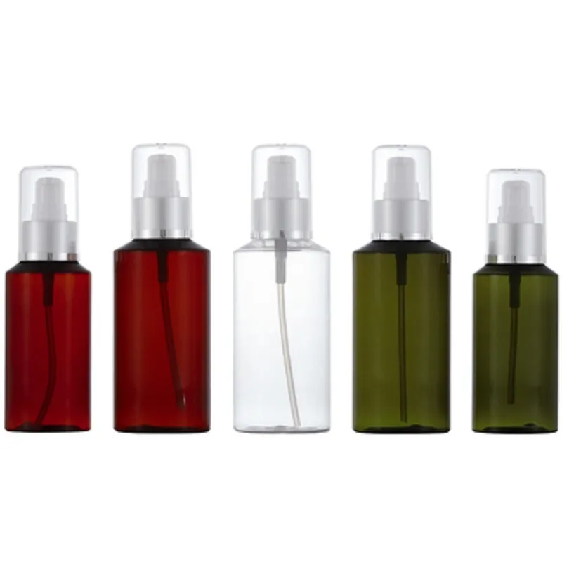 Bouteille en plastique rechargeable marron vert clair, épaule ronde, collier argent mat avec couvercle, pompe à lotion blanche, récipient d'emballage cosmétique vide 100ml 150ml