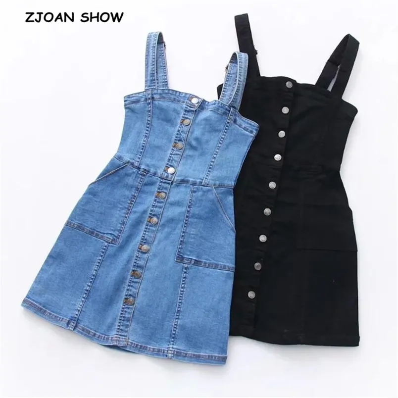 Spaghetti riem jeans jurk sexy vrouwen single-breasted button hoge taille denim casual jurken slank preppy mini vestidos 210429