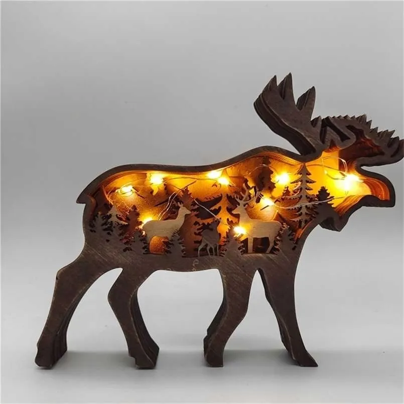 Kerstdecoratie houten uitgeholde kleine elanden en bruin beer led licht schattige desktop ornamenten home decor accessoires 211108