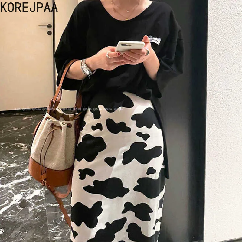 Korejpaaの女性は夏の韓国のシックな女性のシンプルな円形の首の緩いカジュアルスリットTシャツハイウエスト抽象印刷スカート210526