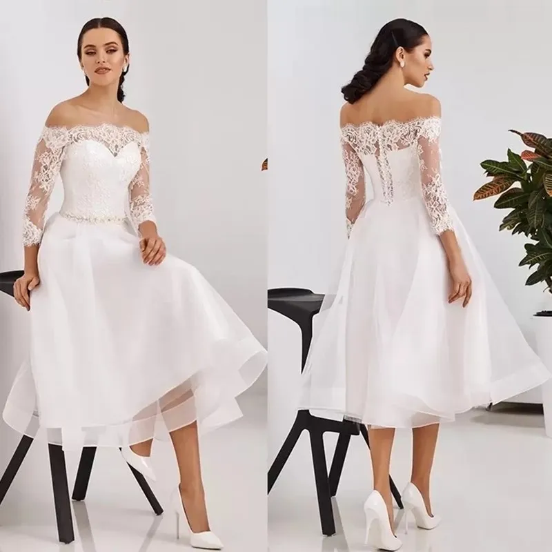 Plus Size Short Wedding Dress 2021 Summer Beach Sexy Off The Shoulder 3/4 Long Sleeves Bridal Gowns Boho Garden Tea Length Lace Appliqued Vestidos De Novia