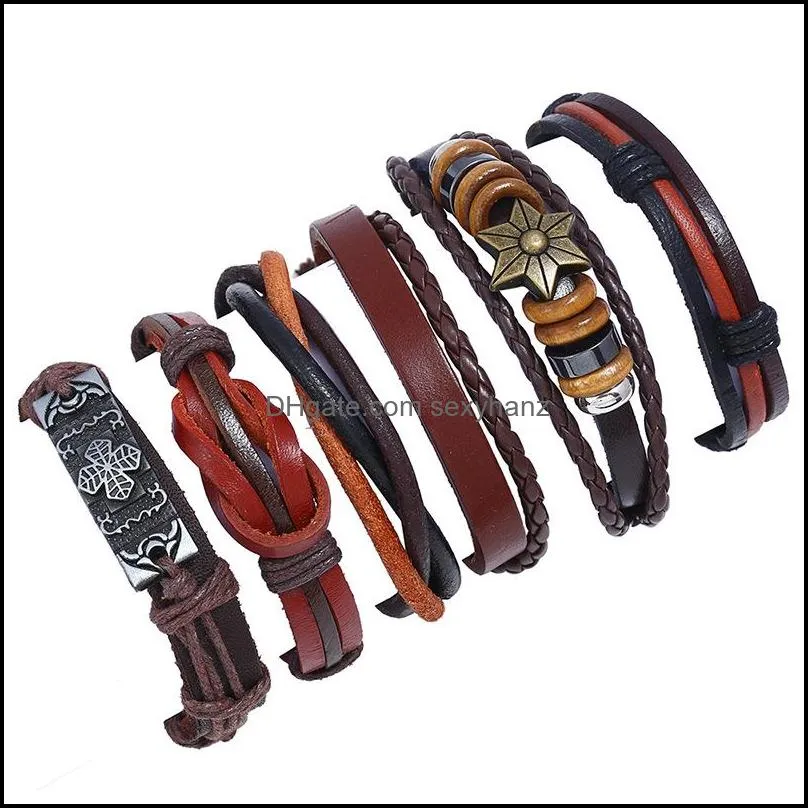 Bracelets de manchette Jewelrypunk Personnalité 6 pièces Cowe Bijoux Rétro Cuir Diy Tissé Mtilayer Bracelet Drop Delivery 2021 Oqne4