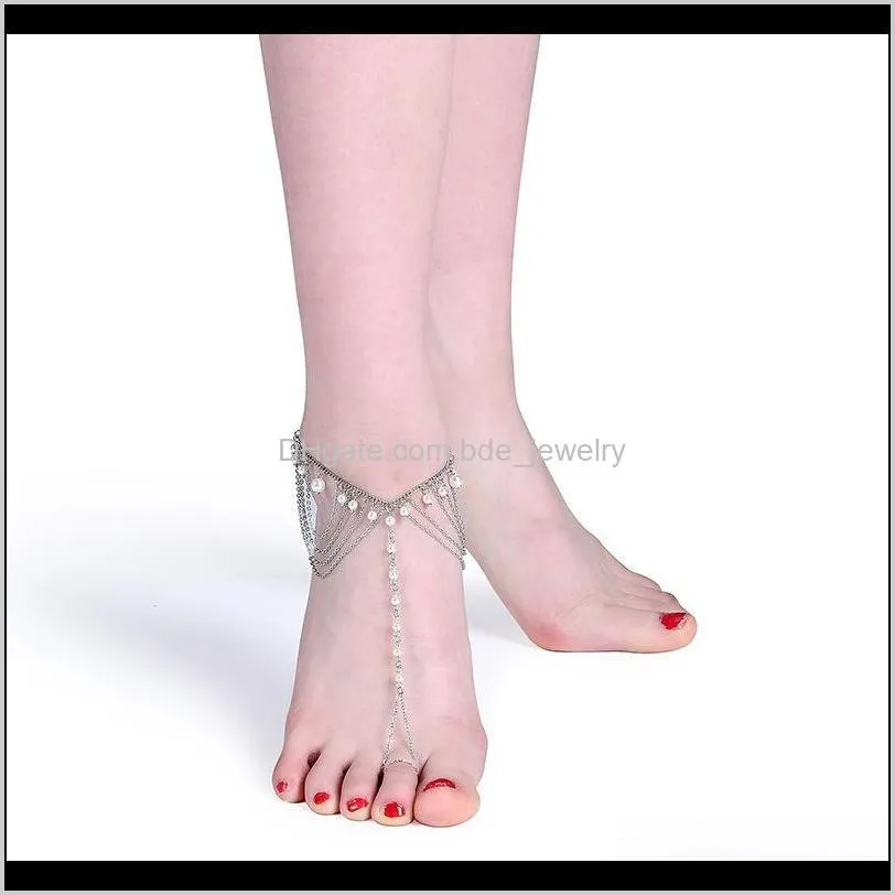 women gril tassel chain pearl silver color metal chain anklet beach summer ankle bracelet foot chain