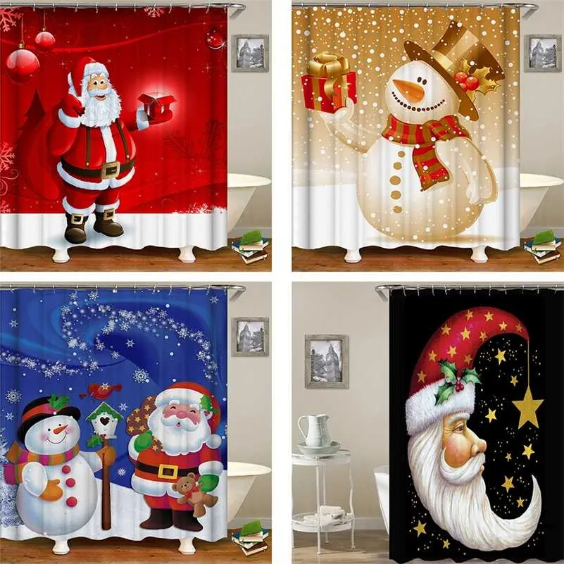 Kerstmis gedrukt douchegordijn Waterdicht Sneldrogende douchegordijn voor badkamer met haken decor geschenken Home 150x180cm 211116