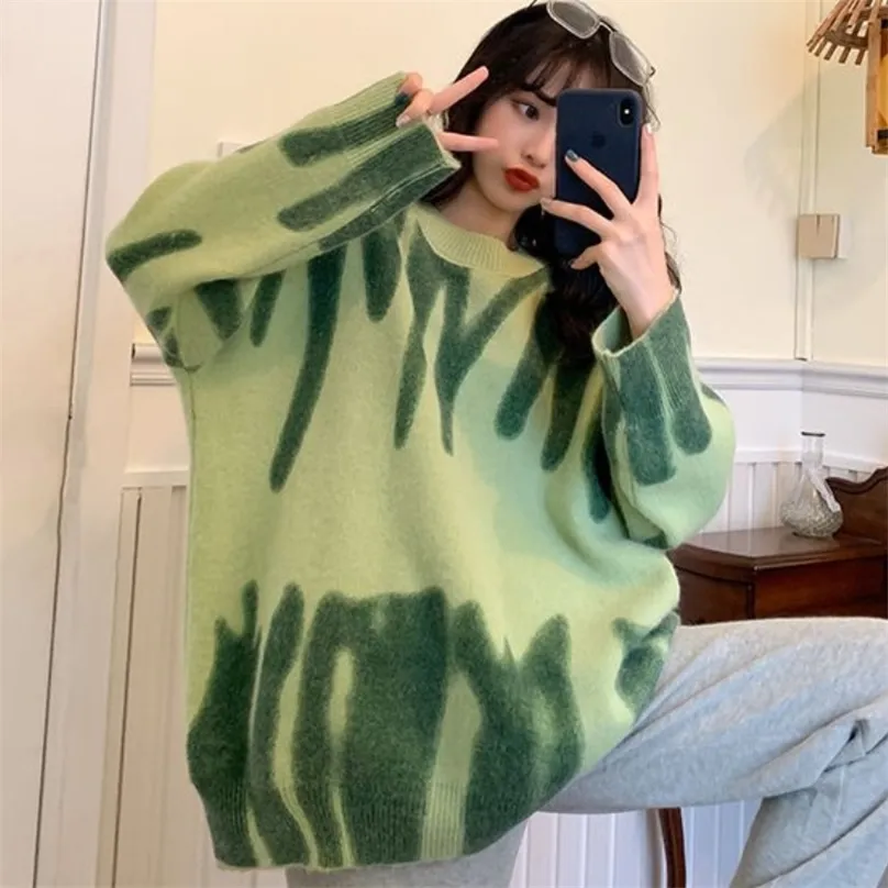 Pull surdimensionné pull vert femmes pull tricoté hauts amples hiver col rond Harajuku Sueter Mujer pull Tie Dye vêtements d'extérieur 210918