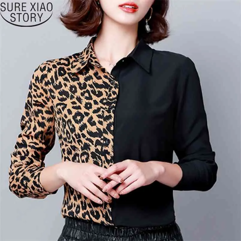Impresión Oficina Damas Blusa de gasa Sexy Leopardo Manga larga Blusas Mujer de Moda Otoño Invierno Tops Mujeres 5971 50 210506