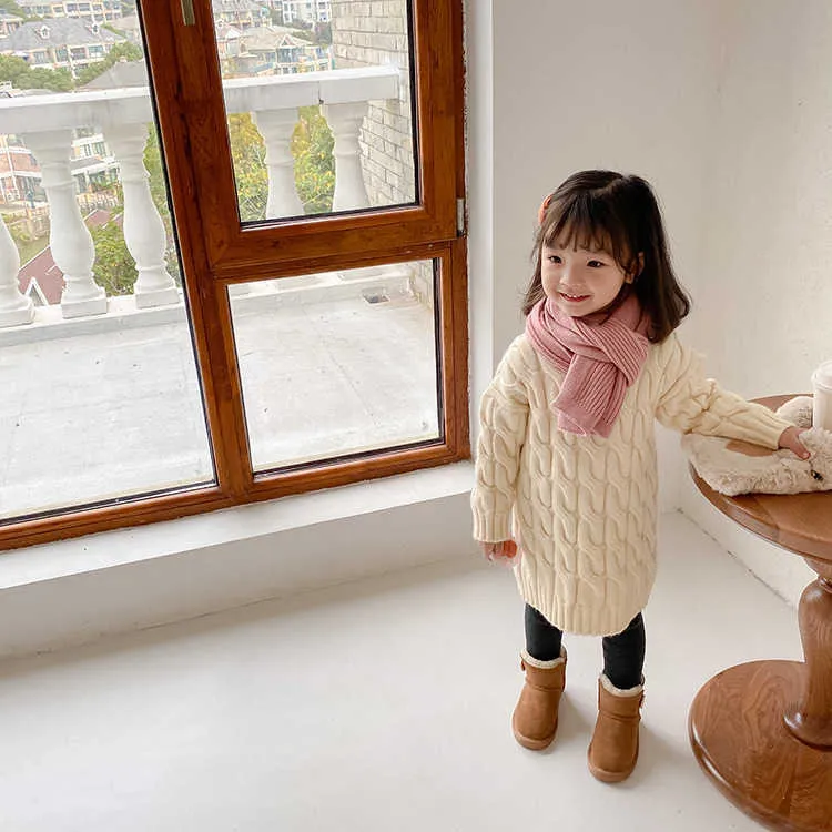 Winter cute baby girls warm knitted twisted long sweaters kids solid color casual base sweater 210708