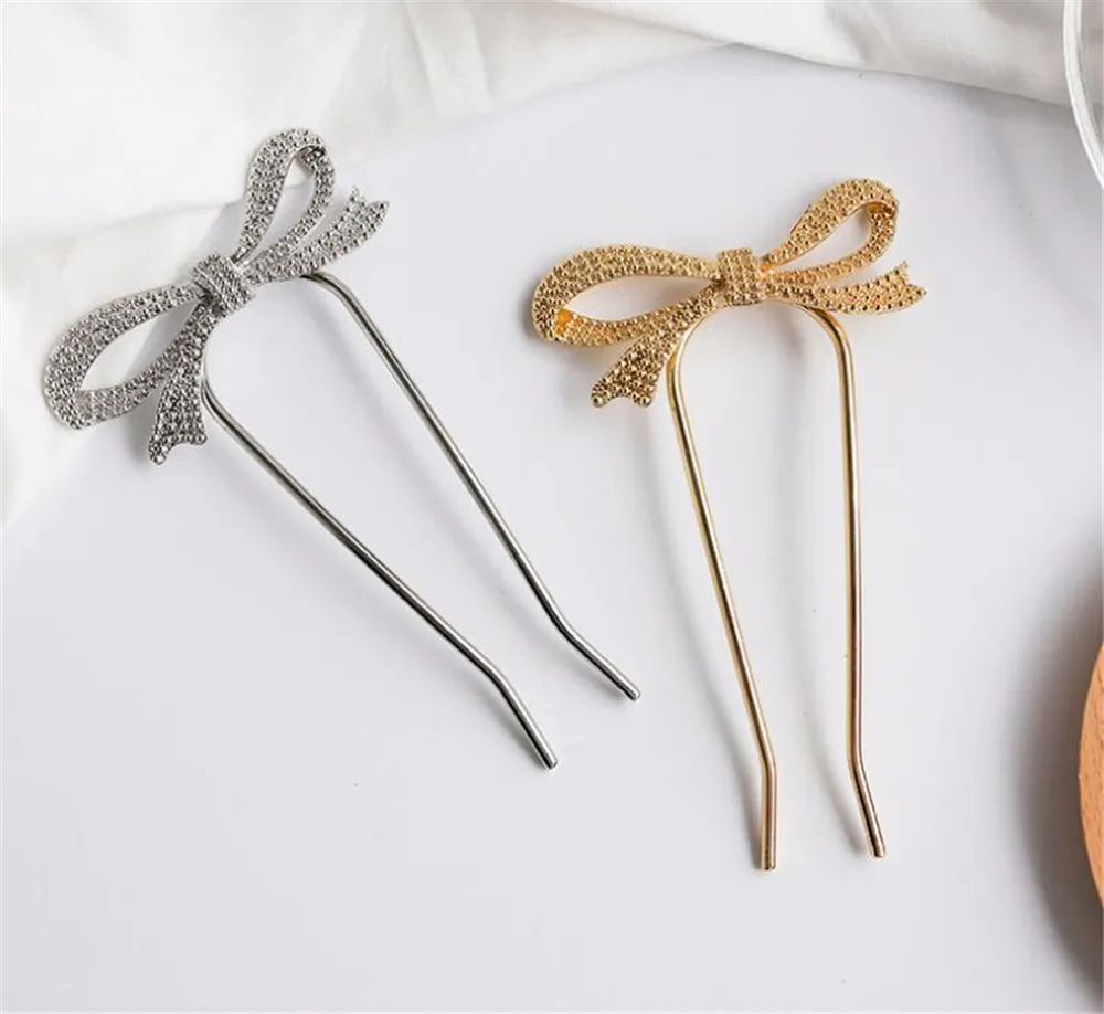 Metal U Shaped Hairpins with Bow Updo Hair Stick Fork Sticks Bun Pins Alloy 2 Prong Clips Chignon Styling