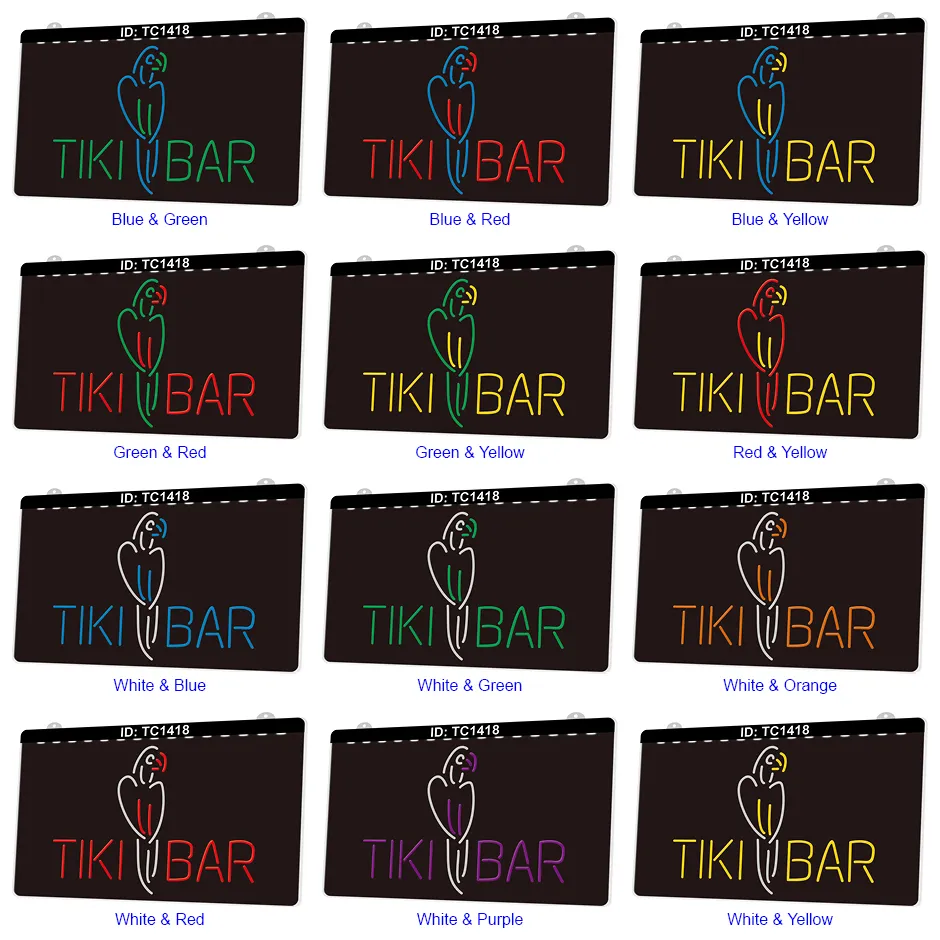 TC1418 Tiki Bar Parrot Light Sign Dual Color 3D Gravura