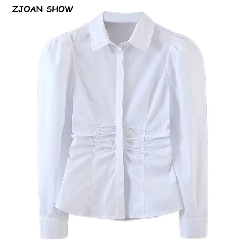 Элегантный отворотный тонкий талия плиссированная рубашка белая рубашка ретро женщина с длинным рукавом ol блузка короткие вершины blousas 210429