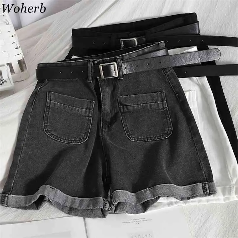 Denim Shorts Women's All Match Short Jeans Wide Leg Belt Taille Vintage High Women Summer Korean Streetwear 210519