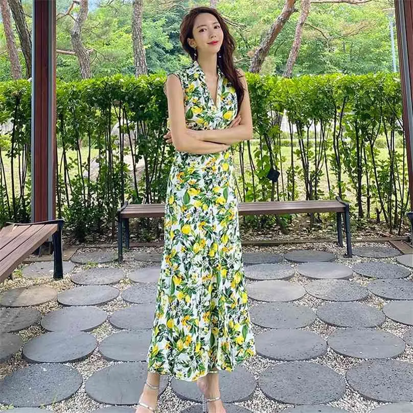 Robe maxi d'été dames coréennes sans manches col en V imprimé élégant Sexy robe de soirée ample pour femmes vêtements 210602