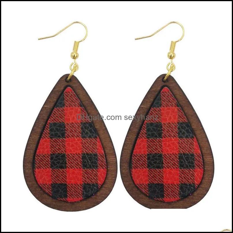 S2624 Fashion Jewelry Christmas PU Leather Wood Earrings Vintage Faux Leather Water Drop Dangle Earrings