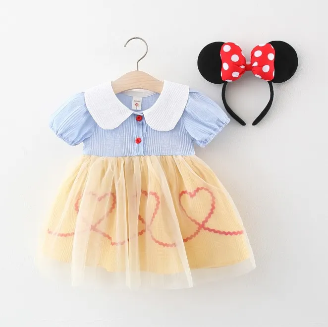 Girls stripe princess dress summer children lapel spliced gauze party dresses with dots bowknot headband kids clothes S1117