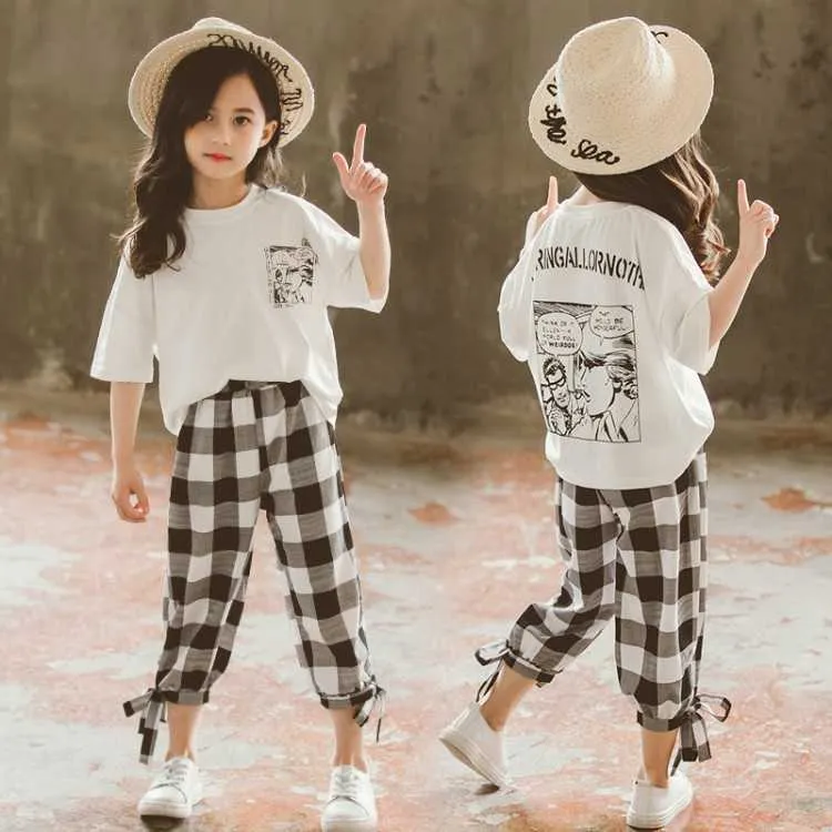 Girls Summer Outfits White T-Shirt & Plaid Pants 2pcs Sets Child Clothing 8  10 12 Year Teen Kids Girl Clothes Casual Tracksuit