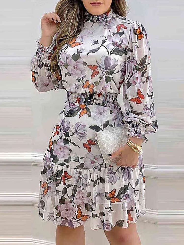 Romwe Y2KO Floral Print A Line Midi Dress With Lantern Sleeves