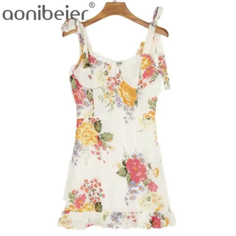 VERANO CASOS CASOS CASOS FLORALES RUSHLES AJUSTE AJUSTE DE LA CORREA DE SPAGHETTI VESTIDO DE MANERA DE MANERA MINI 210604