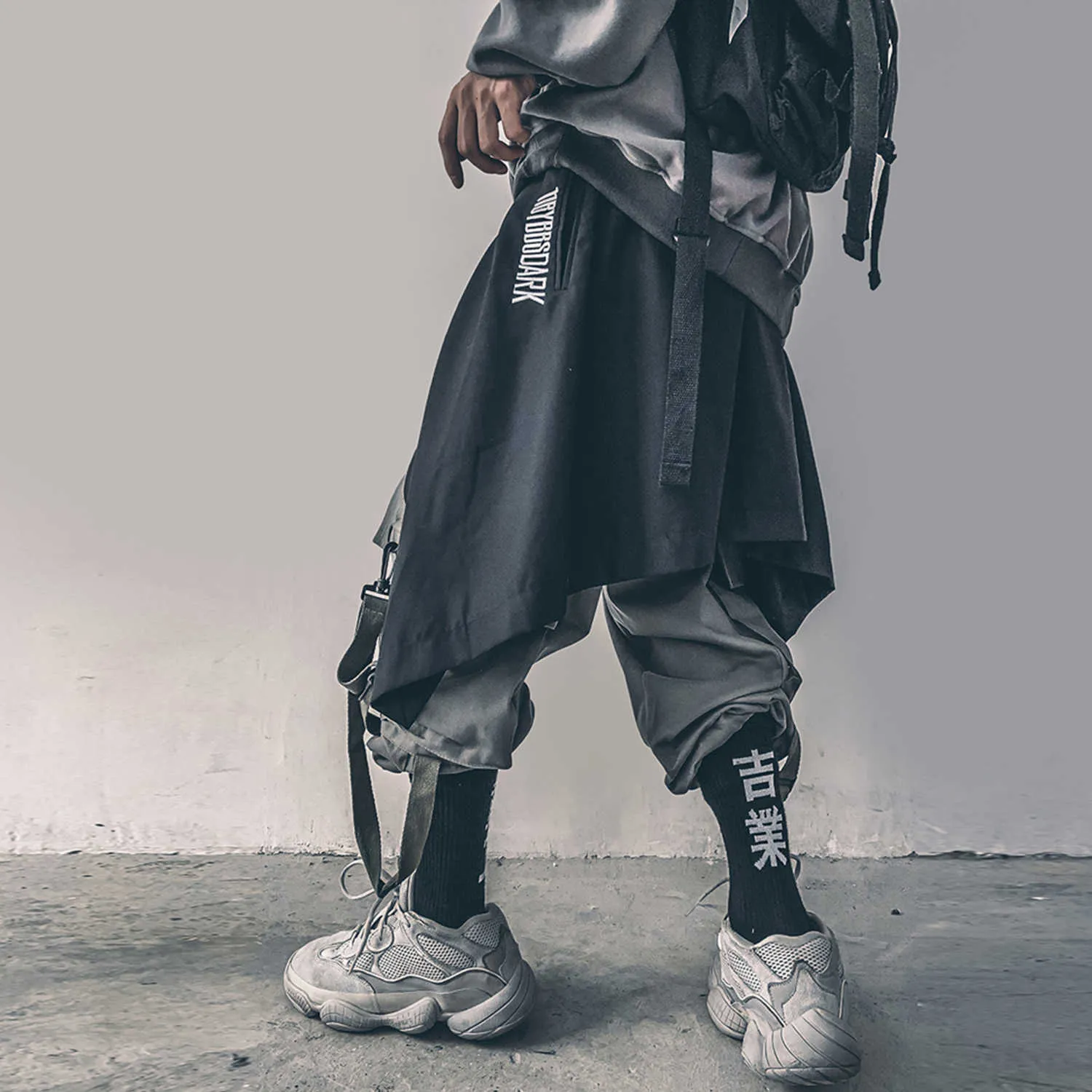 Men's Black Harem Pants - Irregular Hip Hop Cargo Pants, Adjustable Drawstring Waist, Pleated Gothic Streetwear, Polyester, Casual Loose Fit, 2024 Men's Black Harem Pants - Irregular Hip Hop Cargo Pants, Adjustable Drawstring Waist, Pleated Gothic Streetwear, Polyester, Casual Loose Fit, 2024